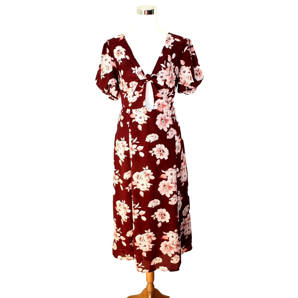 E.SSUE Cut Out Tie Front Lantern SS Garden Midi Flowy Dress Romantic - Sz. L #04